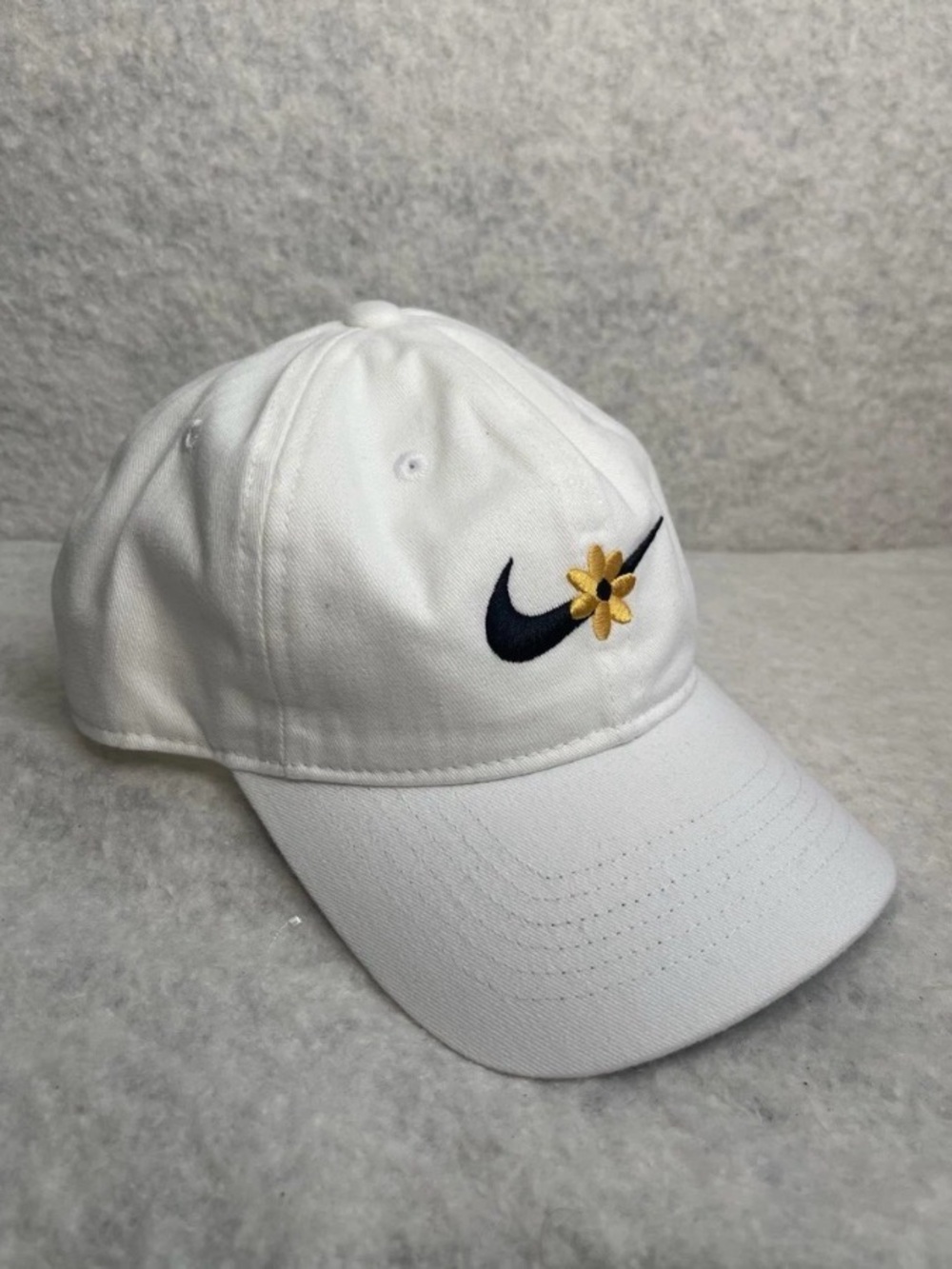 Nike Kids White Hat with Black Swoosh and Yellow Flower